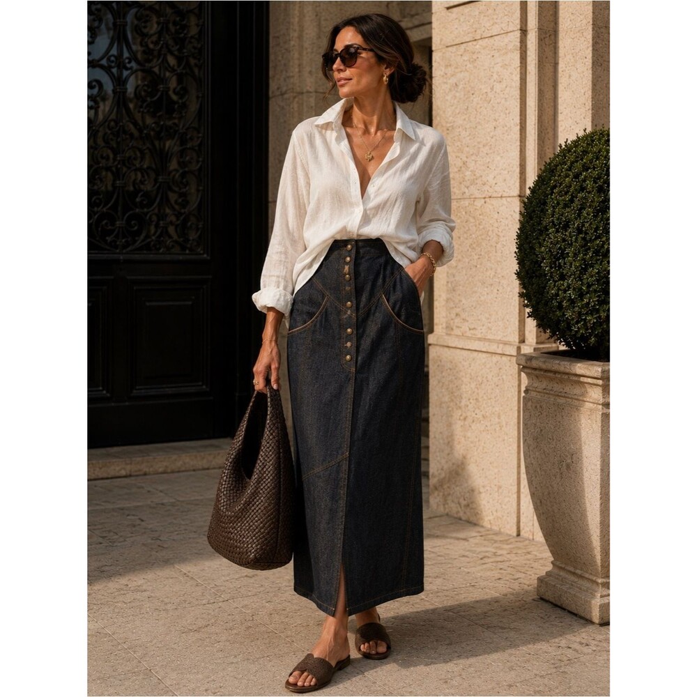 yigal azrouël Dark Denim Button-Front Maxi Skirt